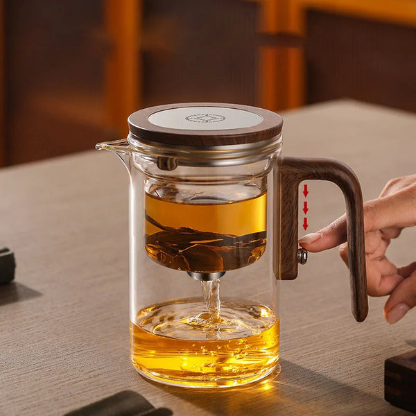 Tetera con Separador de Agua Interno y Filtro One-Click con Mango de Madera