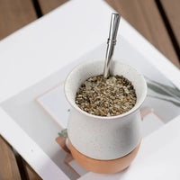 Matero de cerámica con base de madera y bombilla cuchara inox