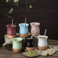 Matero de cerámica con base de madera y bombilla cuchara inox