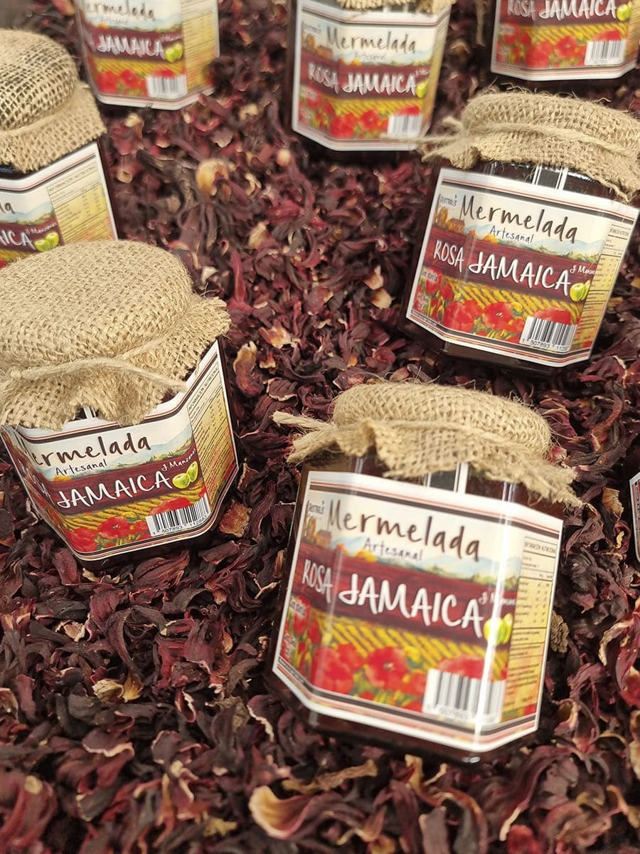 Mermelada artesanal de flor de Jamaica con trozos de manzana verde
