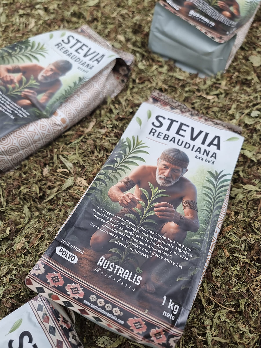 Presentación de 1 kg de hoja de Stevia rebaudiana convertida en polvo