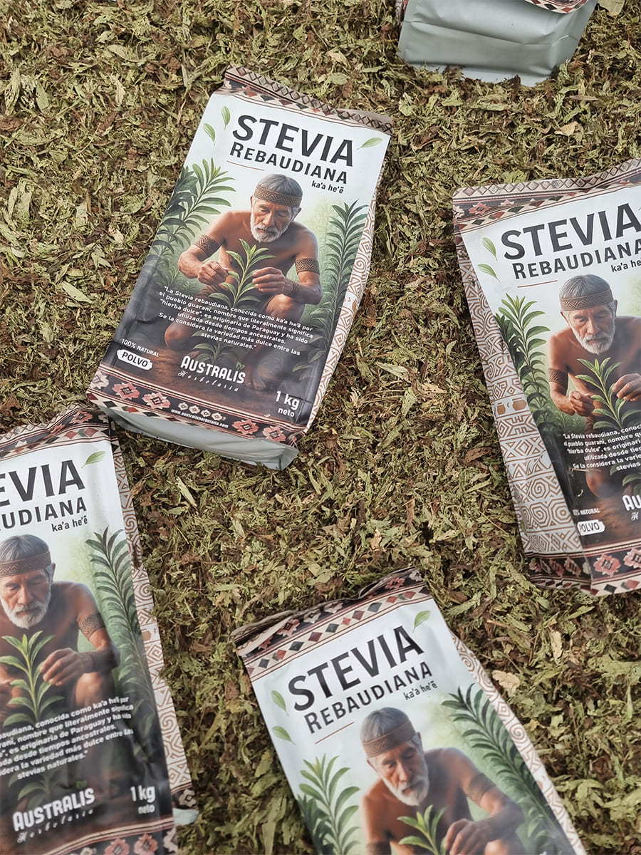 Hoja pulverizada de Stevia rebaudiana con aspecto verde y textura fina